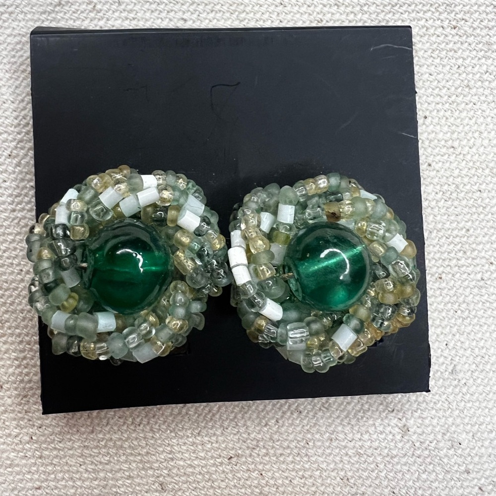 Vintage Green Glass Beaded Clip On Earrings